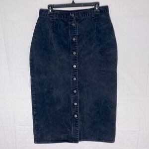 Vintage Leigh Morgan Washed Black Denim Button Front Midi Pencil Skirt L